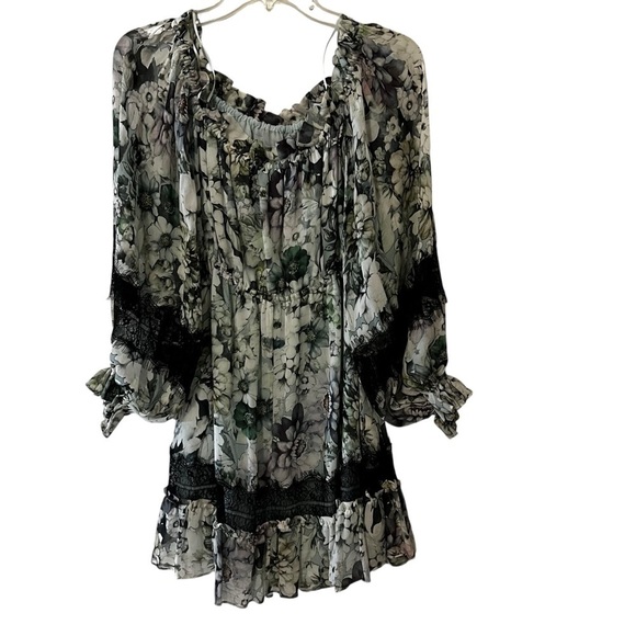 NICHOLAS Silk Evergreen Floral Dress Off the Shoulder Bell Sleeves Whimsigoth - Picture 7 of 16